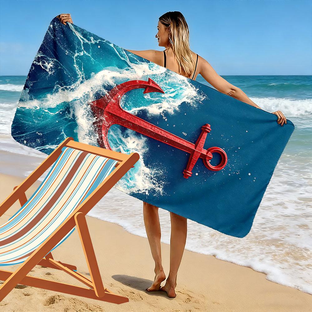 Bold Anchor Meets Waves Print Beach Towel, Quick Drying, Suitable for Travel, Outdoor Sports, Jogging, the Beach and Swimming, Gift