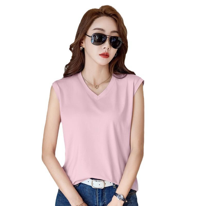 2024 Summer New V-neck Sleeveless Vest Mercerized Cotton T-Shirt Women's Slim Thin Versatile Simple T-shirt Top