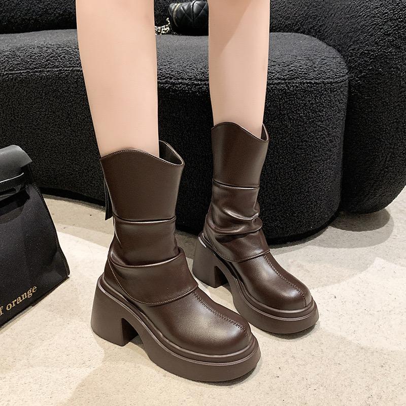 High Quality Women's Boots Platform Short Boots Middle Tube Casual Leather Boots for Women Zipper Ankle Boot Botas Mujer