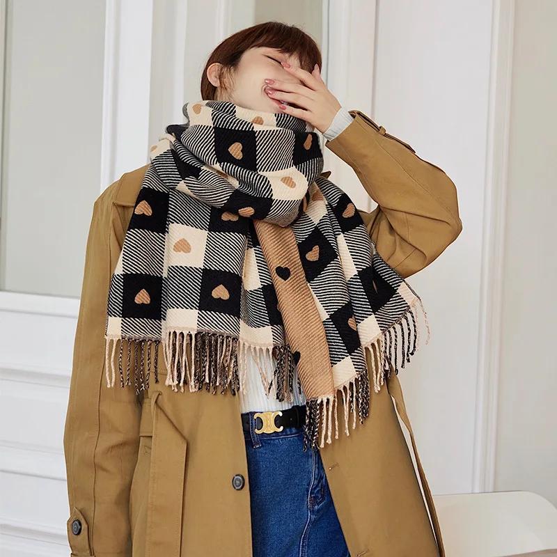 1 Pair Of Women'S Autumn And Winter Heart Scarf Women'S Plaid Comfortable Scarf Thick Large Blanket Shawl Scarf