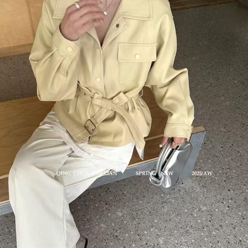 

Женская короткая кожаная куртка с лацканами, весенняя новинка, маленькая куртка из искусственной кожи, топ 2XL 140-76.5 kg жёлтый