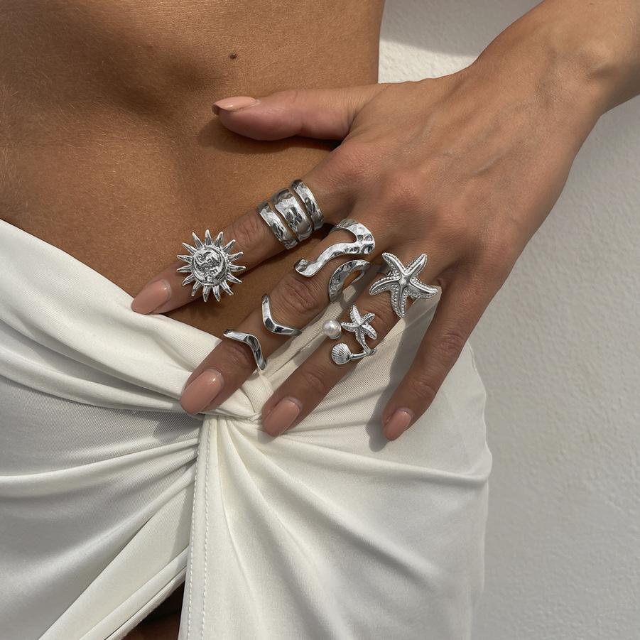 Ocean Wind Starfish Scallop Shell Ring Set Design Sense Irregular Metal Sun Flower Ring