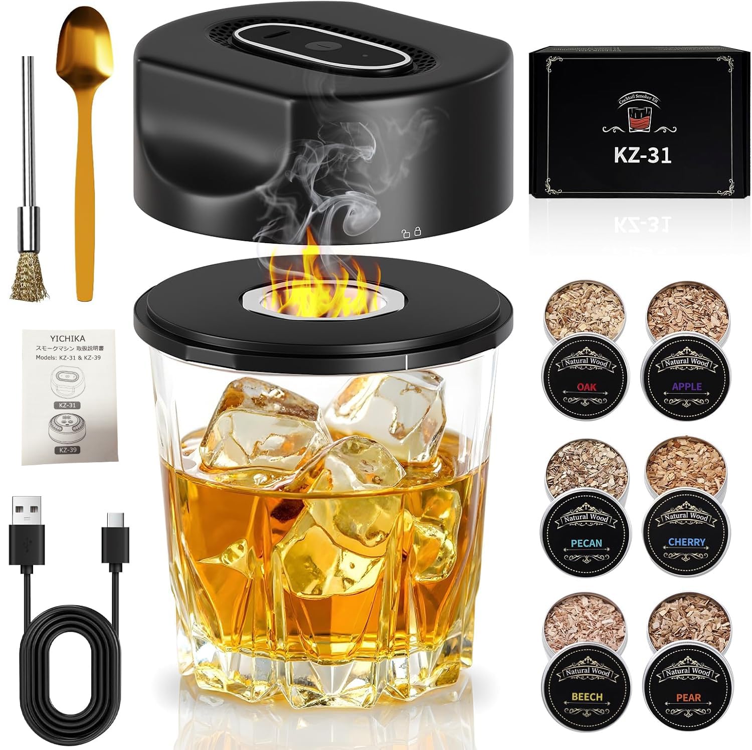 

YICHIKA Glass Top Smoker Rechargeable Smoker Cocktail Smoker Set - No Open Flame Electric - Makes Appetizers - Includes 6 Types of Smoking Chips - Hom