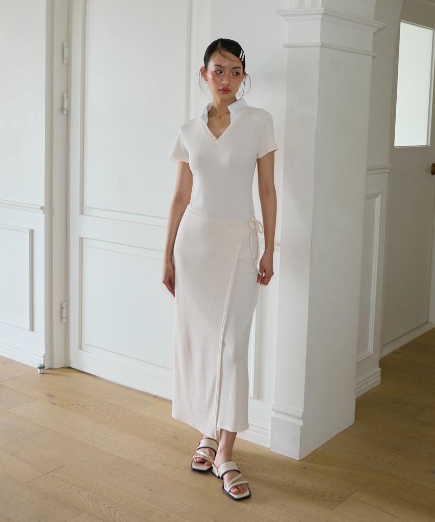 SALON DE YOHN Shirt Detail Long Wrap Dress_ Ivory