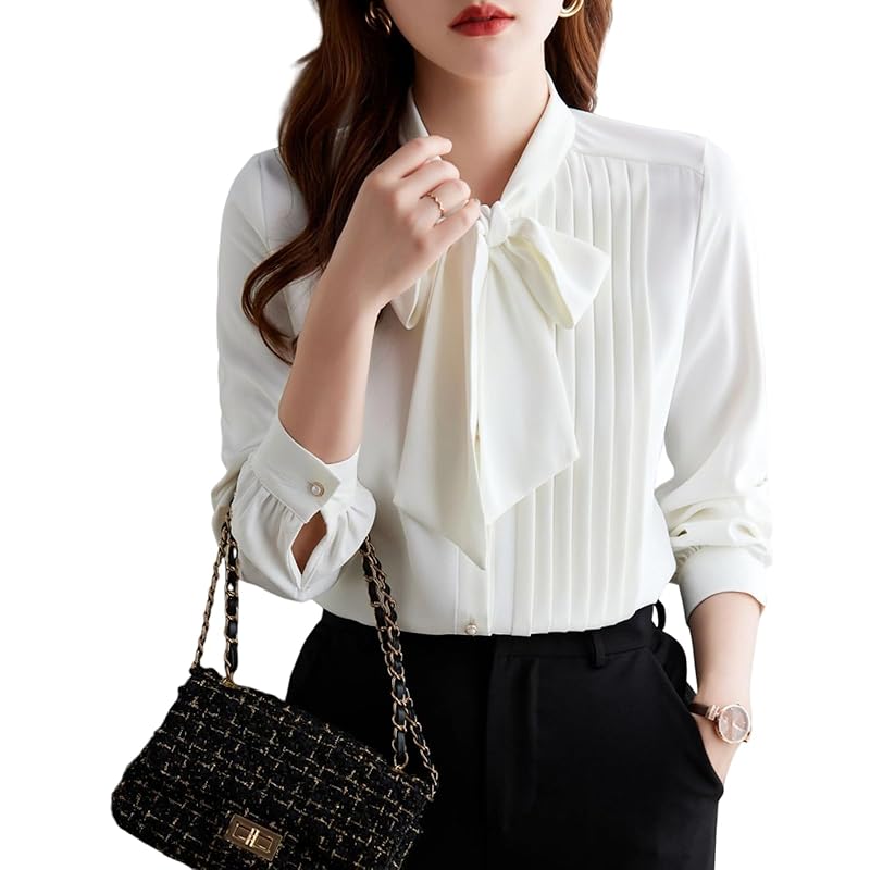 

[7-livehouse] blouse ladies long sleeve shirt bowtie blouse ribbon chiffon blouse Plain color shirt tops open front blouse Fashionable wrinkles Thin