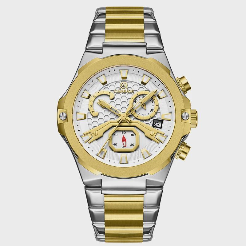 

Mens Luxury Dress Watch Chronograph Quartz Watches Two-Tone Gold Silver Zinc Alloy Case Luminous