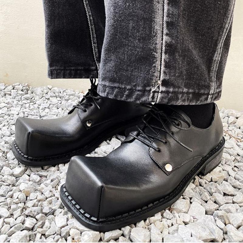 

Мужская кожаная обувь Мужчины 2025 Новые квадратный носок Массивная платформа Ретро Рабочая обувь Весна Осень Дерби Обувь Низкий верх Мужские Повседневные Лоферы 38 чёрный