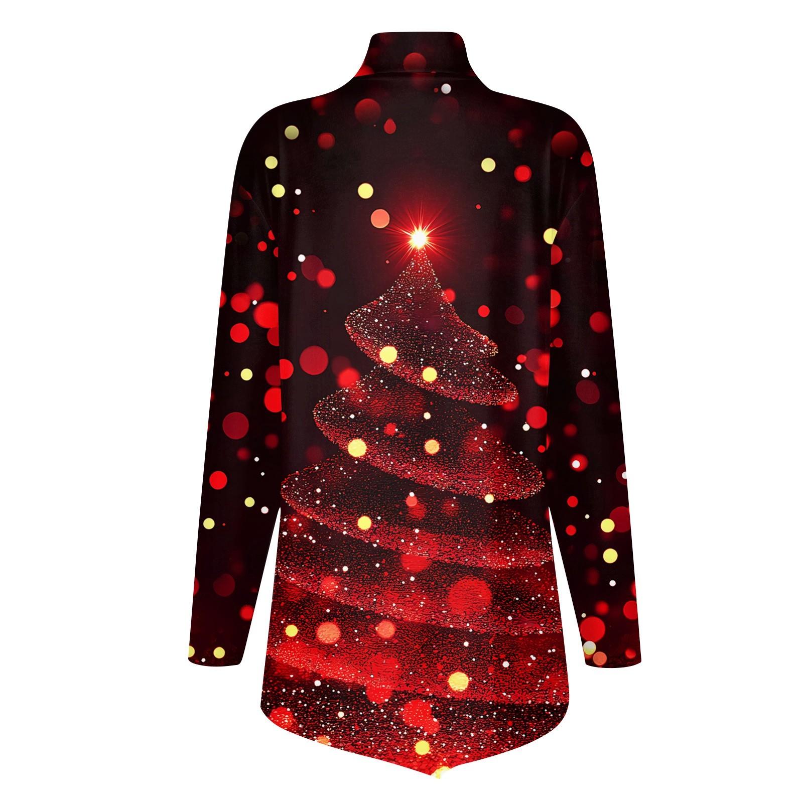 Повседневная мода Рождественский принт Рубашка Топы Высокий ворот Неровный подол Длинный — фото 5