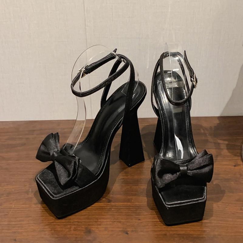 Liyke Runway Style Ultra High Heels Platform Sandals Women  Summer Fashion Satin Bowknot Square Toe Wedding Banquet Shoes