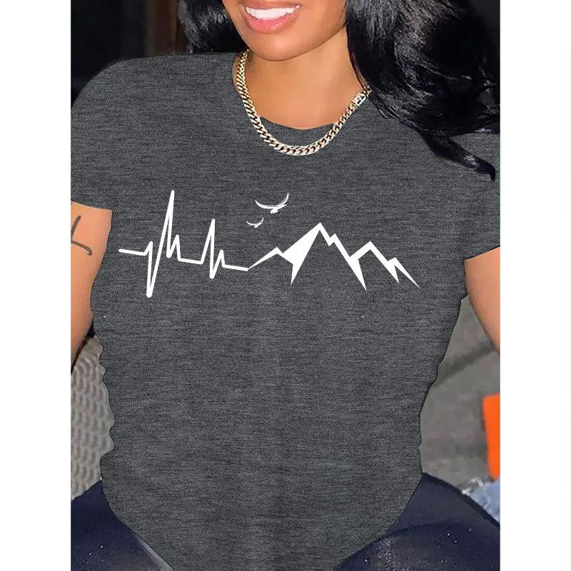 Letnia okrągła szyja góra z nadrukiem wzoru górskiego modna casualowa z krótkim rękawem damskie bawełniane koszulki
