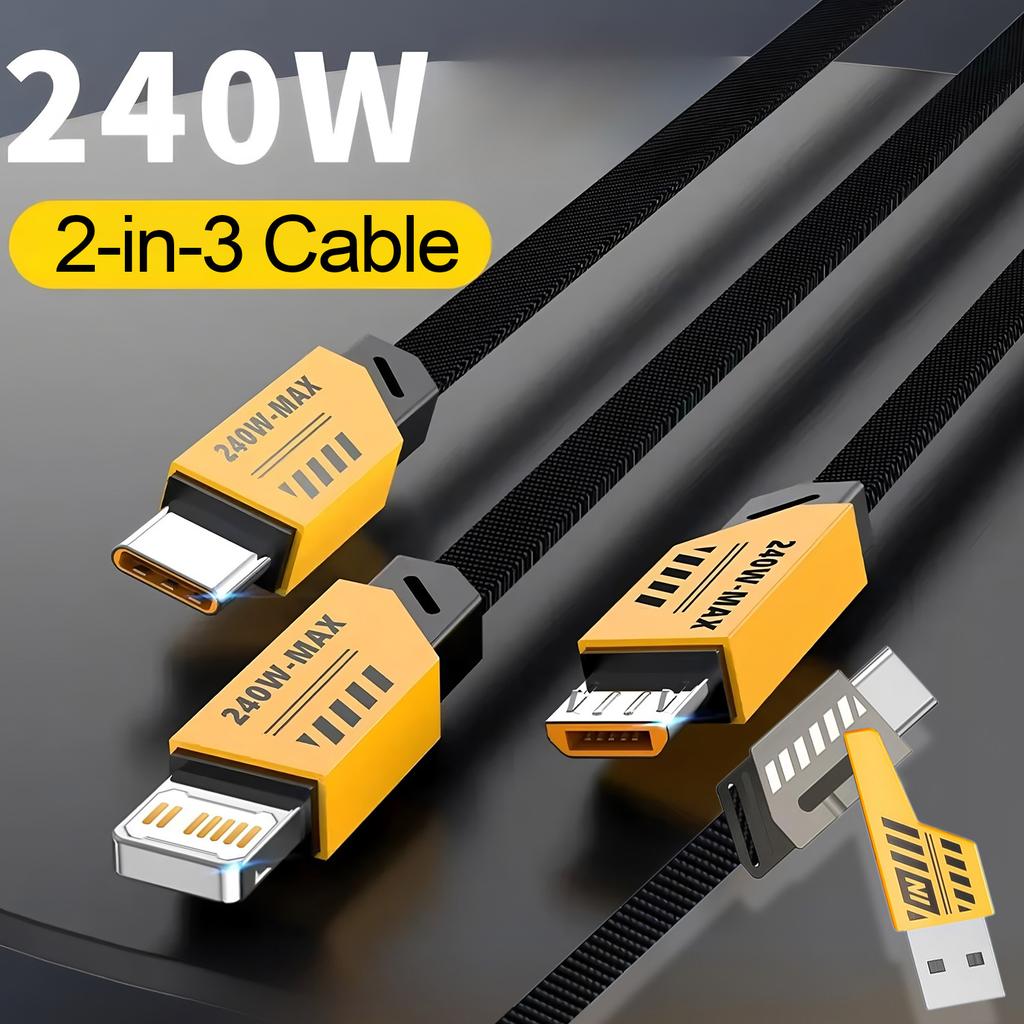 240W 2 In 3 USB PD Fast Charging Cable Type C Micro IOS Multi Charger Cable for iPhone Huawei Samsung Nylon Braided Cord