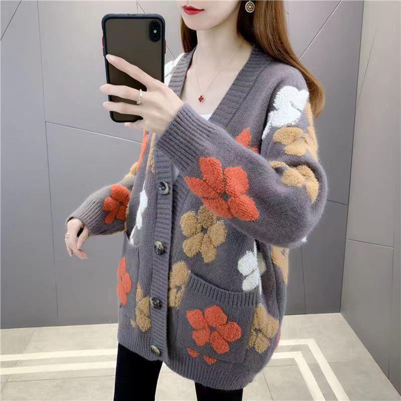 Large Size Sweater Coat Women Autumn Flower Loose Comfortable Stretch Cardigan Pocket Casual Knitted Jacket