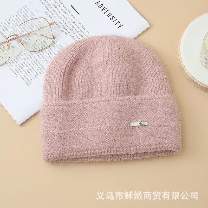New blended knitted pullover hat children's autumn and winter warm iron standard headgear metal letter label wool hat