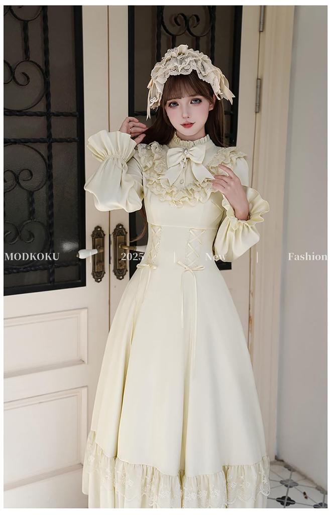 MODKOKU Gothic Lolita Neat and Ribbon Waist Ruffled Long Girly Halloween Long Size XL Cape-Style Dress, Women's, Style, Clean, Lace, Lace-Up Dress,