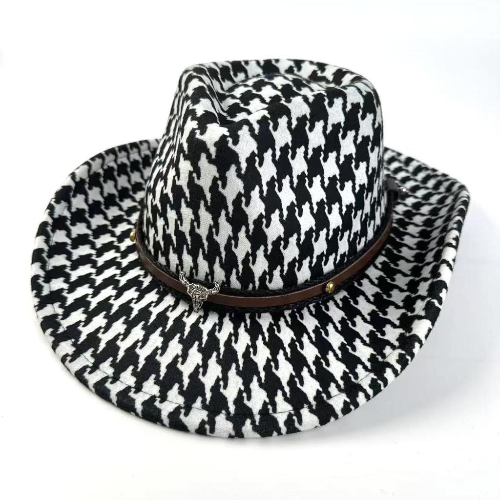 Popular Thousand Bird Grid Double-Sided Top Hat Autumn And Winter Warm British Jazz Hat Personalized Performance Cowboy Hat