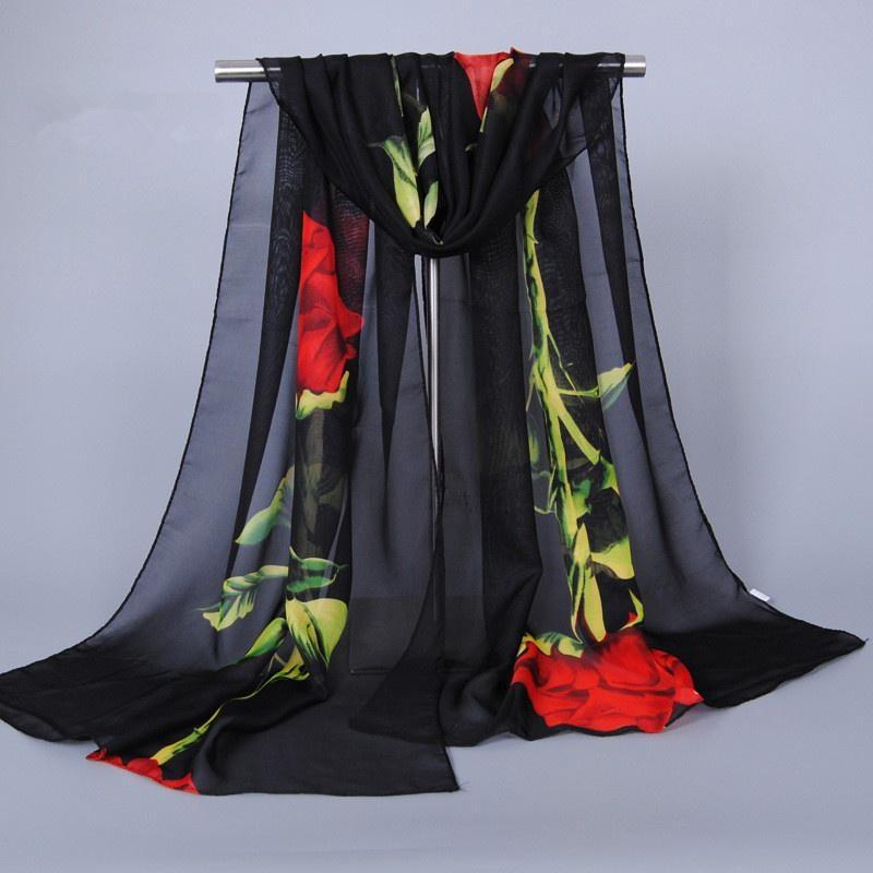 1Pc New Fashion Chiffon Silk Hijab Women's Long Soft Rose Flower Print Scarves Foulard Women Shawls
