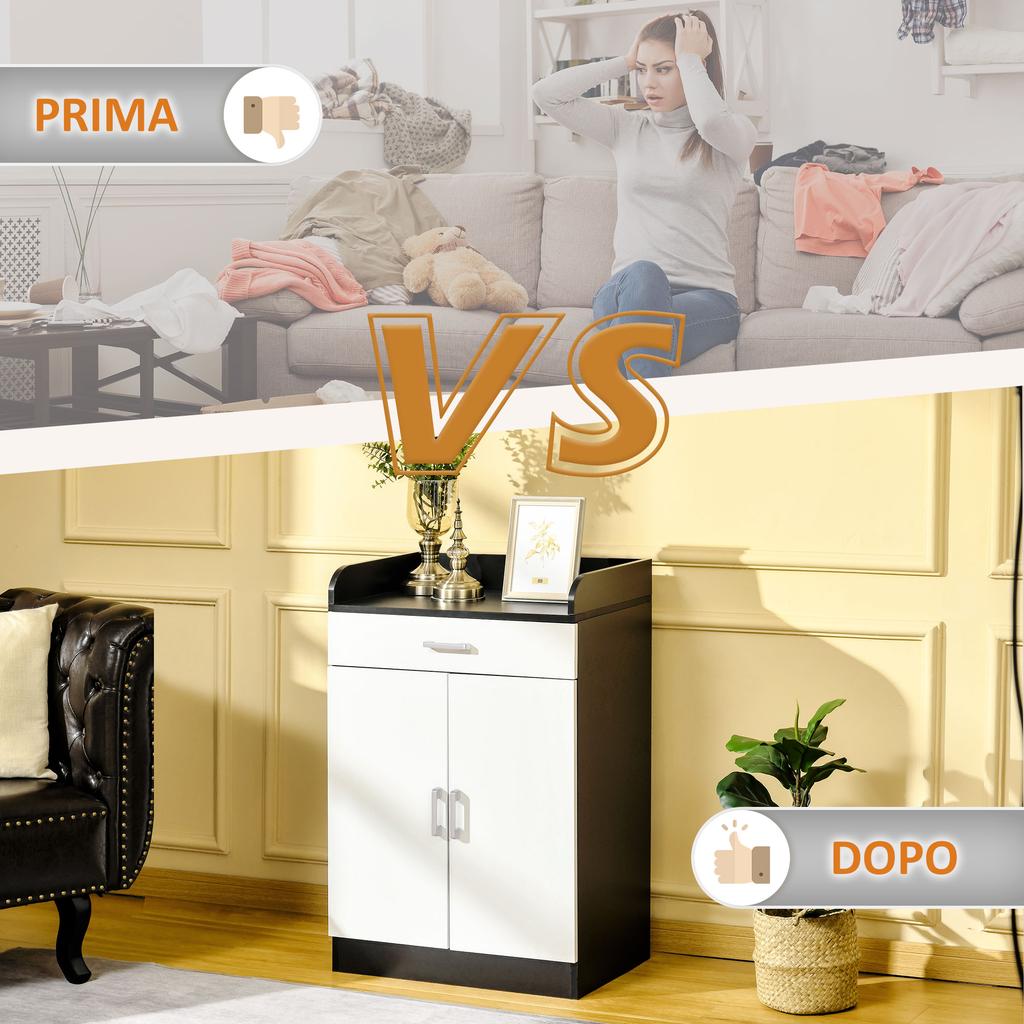 Wooden Cabinet with Drawer, with Adjustable Shelf, Space-Saving Kitchen Cabinet, Living Room and Anteroom, in MDF Wood, 60x40x90cm, White and Black