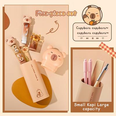 Set Surtido de Papelería de Capibara de 5 Piezas Estuche Regla Goma de Borrar Cinta Correctora Sacapuntas Set Regalos para Estudiantes