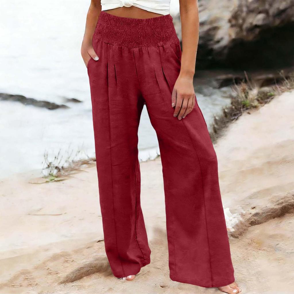 Women's Casual Fashion Cotton Linen Elastic Waist Pants With Pockets