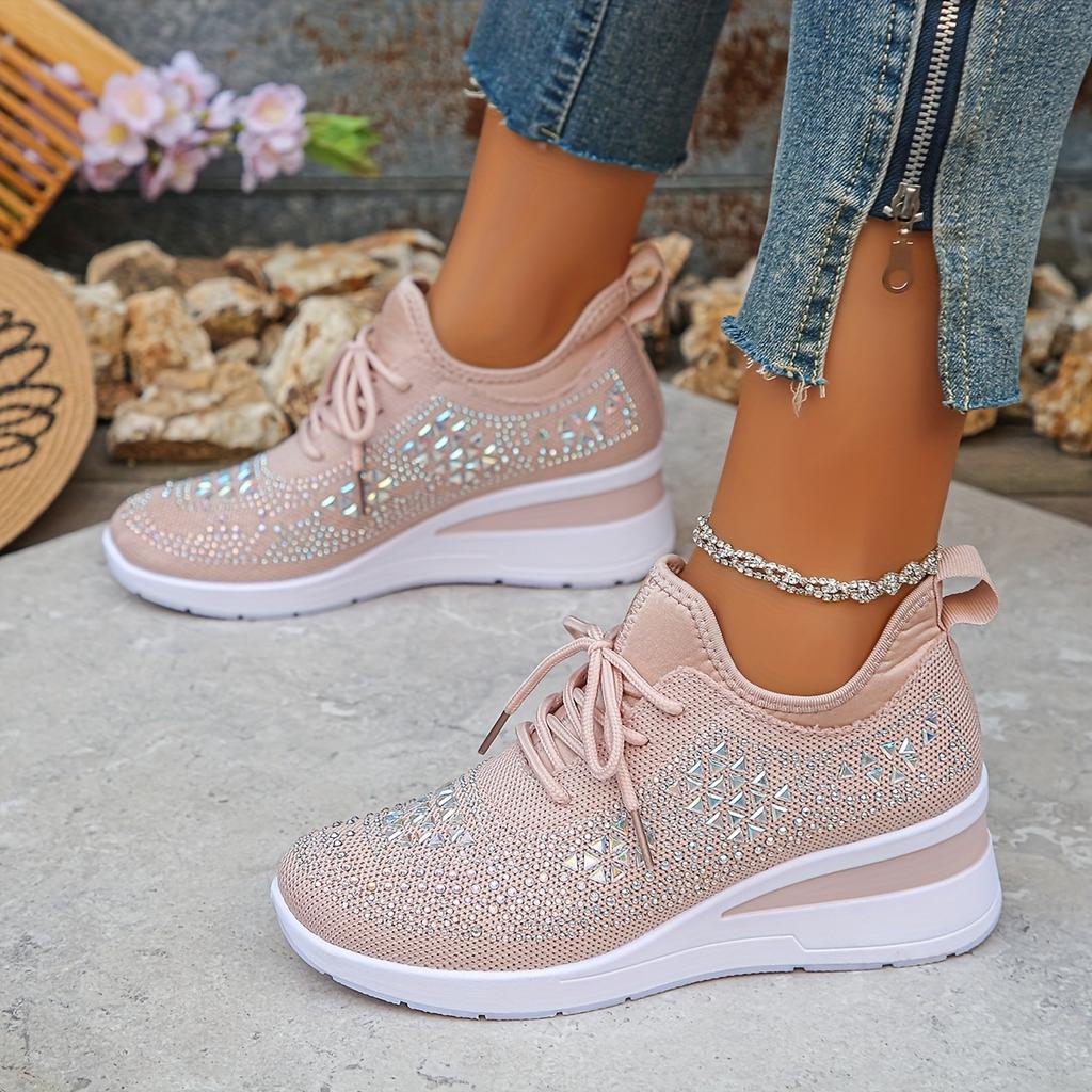 Glittery Rhinestone Women's Thick Sole Sneakers Breathable Non-Slip Fashion Sneakers with Lace-Up Casual Comfortable Shoes