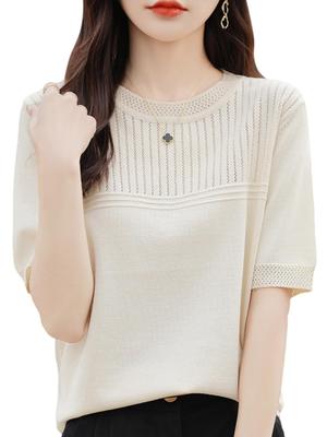 Knit for Summer Elegant Openwork for Women In Their XL [BN1 Select] Short-sleeved Women, Knit, Spring, Summer, Fall, Sweater, Knit, Polyester, Top,