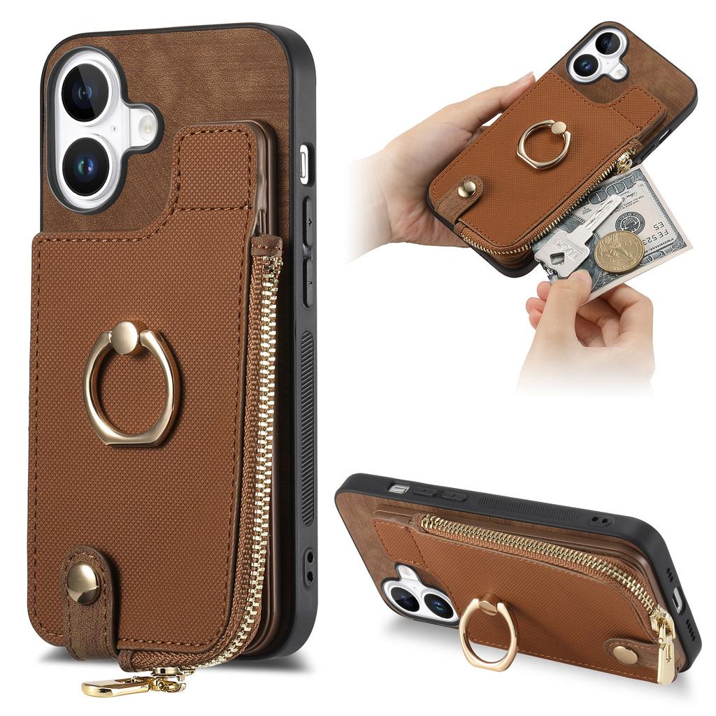 For iPhone 16 Case Zipper Pocket Kickstand Leather Phone Back Cover