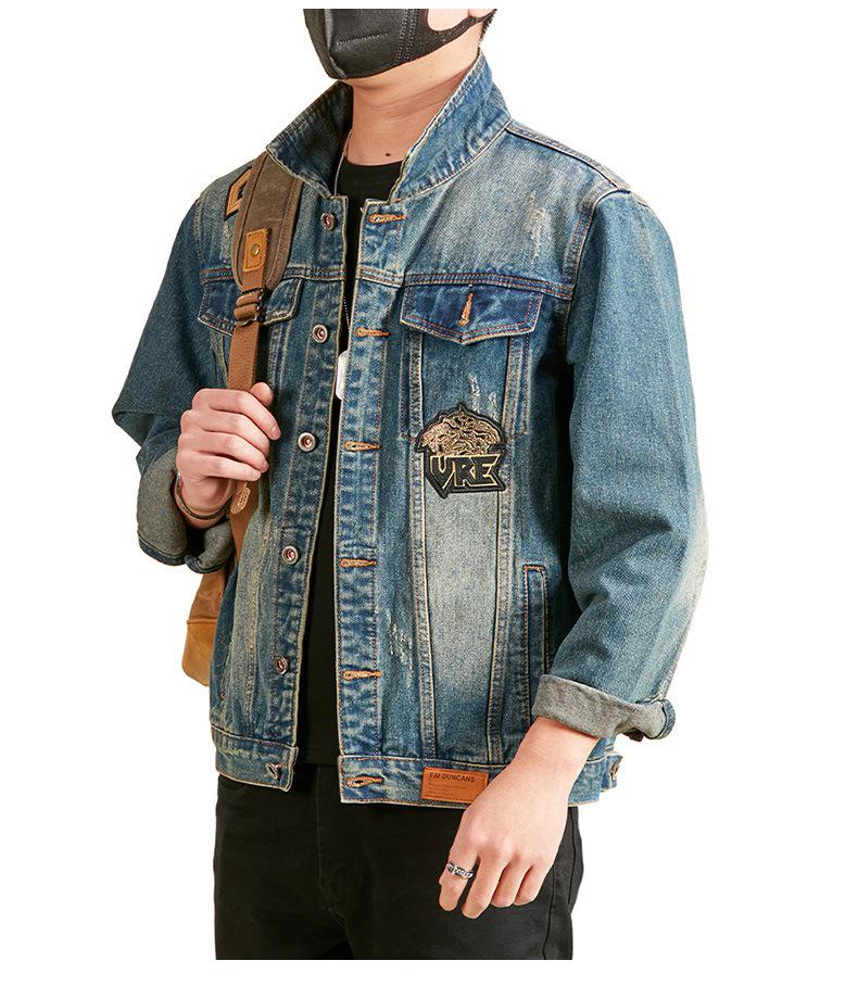 Xintang Men's Distressed Denim Jacket - Loose Fit Long Sleeve Outerwear 2025