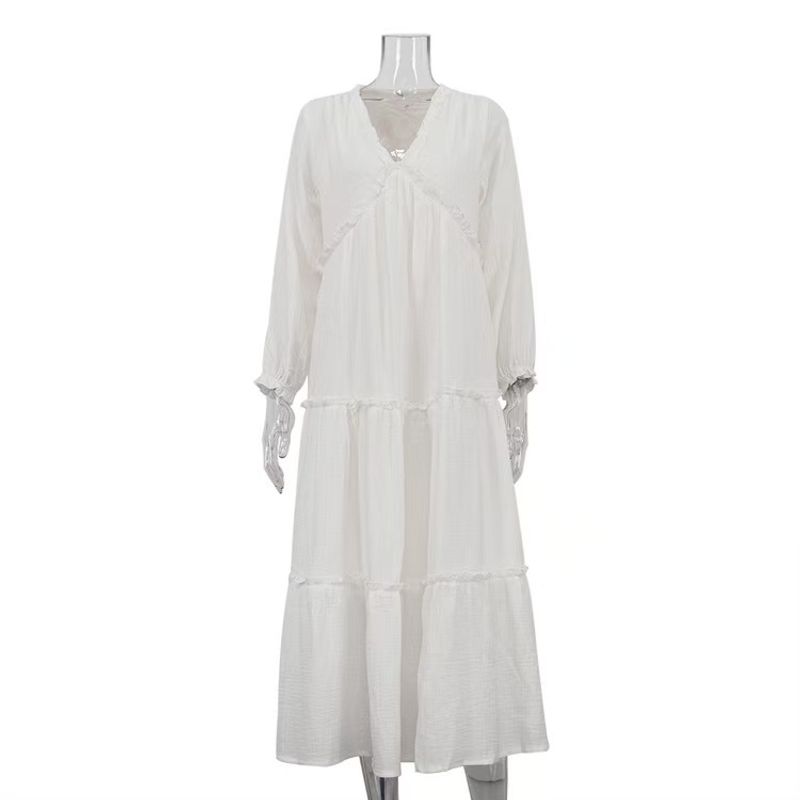 

Fashion Fashion Cotton Champray V-neck Long-Sleeve Dress Wooden Ear Elegant White Long Dress V-neck Dress White M