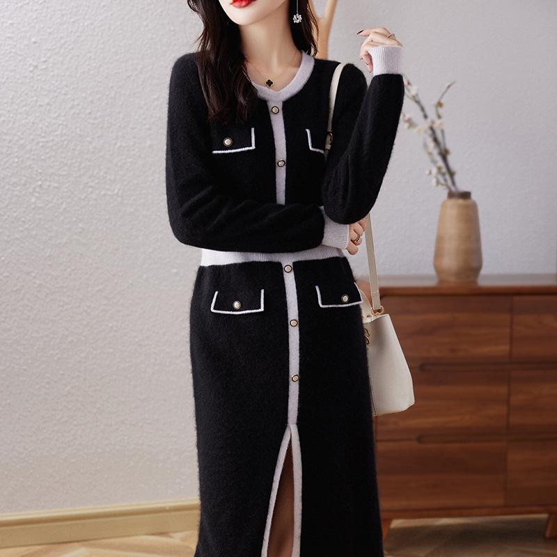 Contrast Color Round Neck Wool Dress for Women In Autumn and Winter New High-end Fashion Slit Skirt Skin-friendly Soft Glutinous Warm Midi Skirt