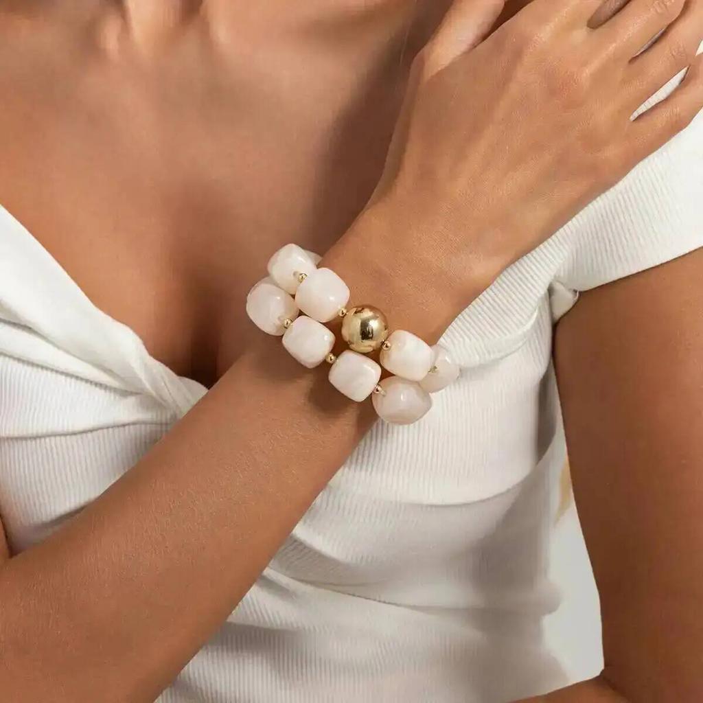 SHIXIN Exaggerated Geometric Colorful Beaded Acrylic Elastic Bracelets Women Boho Trendy Square Beads Stack Bangle Retro Jewelry