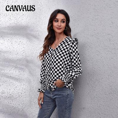 Camisas femininas de primavera e outono, acabamento em orelha de madeira, decote em V, manga comprida, xadrez, top