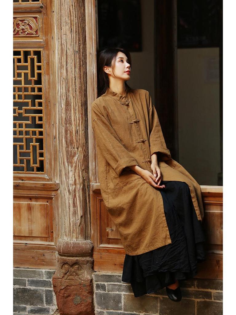 Cardigan de damă din amestec de bumbac și in de lungime medie - Retro spălat cu nisip