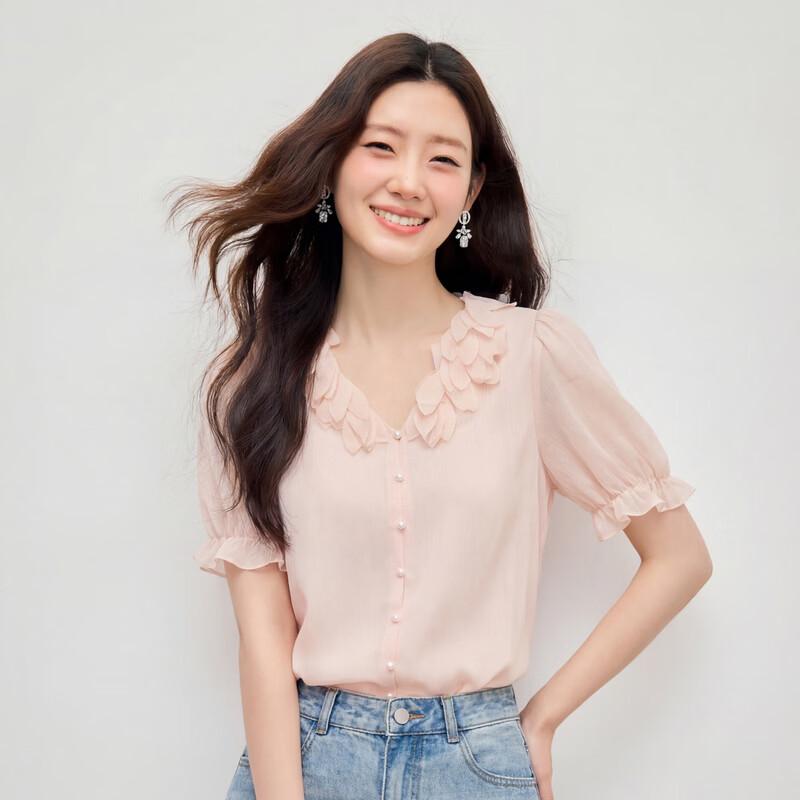 Women s French V-Neck Floral Lace Puff Sleeve Blouse S
