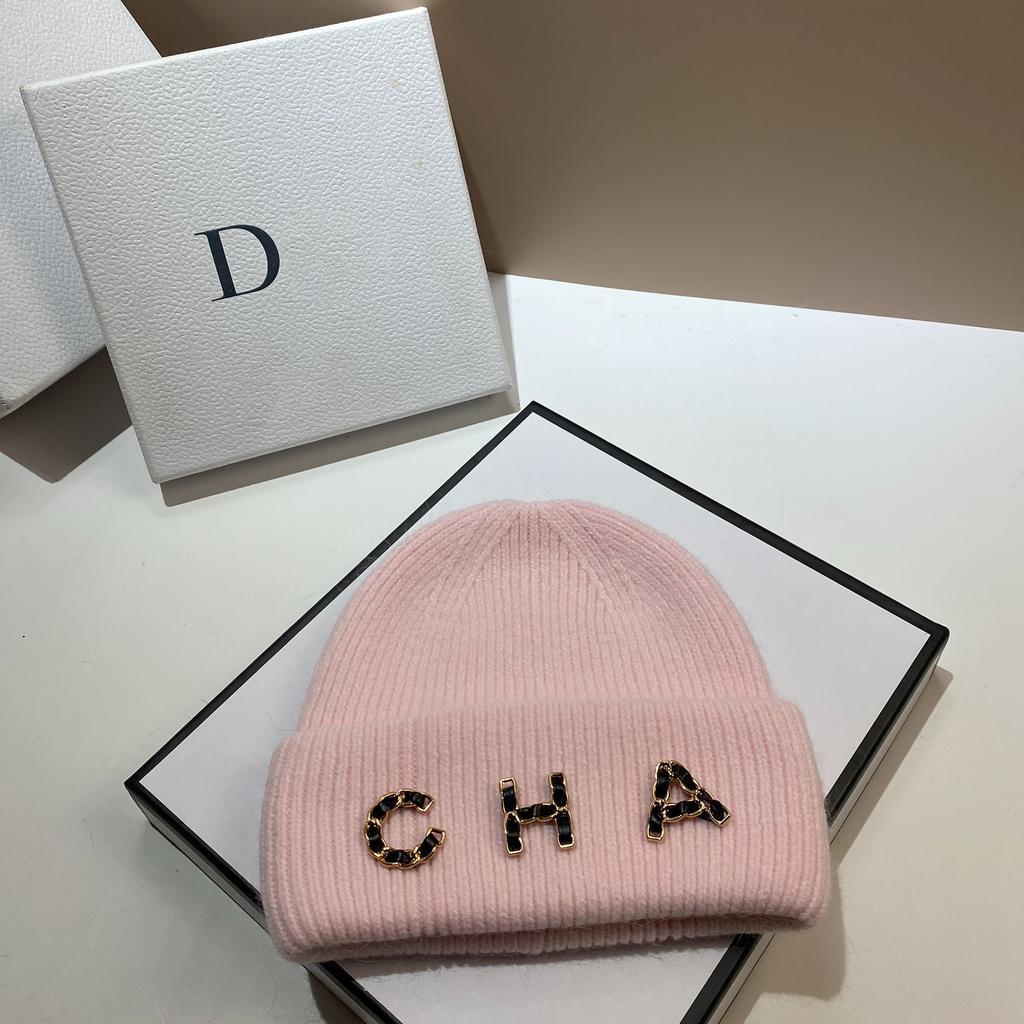 Chain Letter Cha Simple Wool Hat Winter Warm Rabbit Hair Double Fold Knitted Hat Outdoor Ear Protection