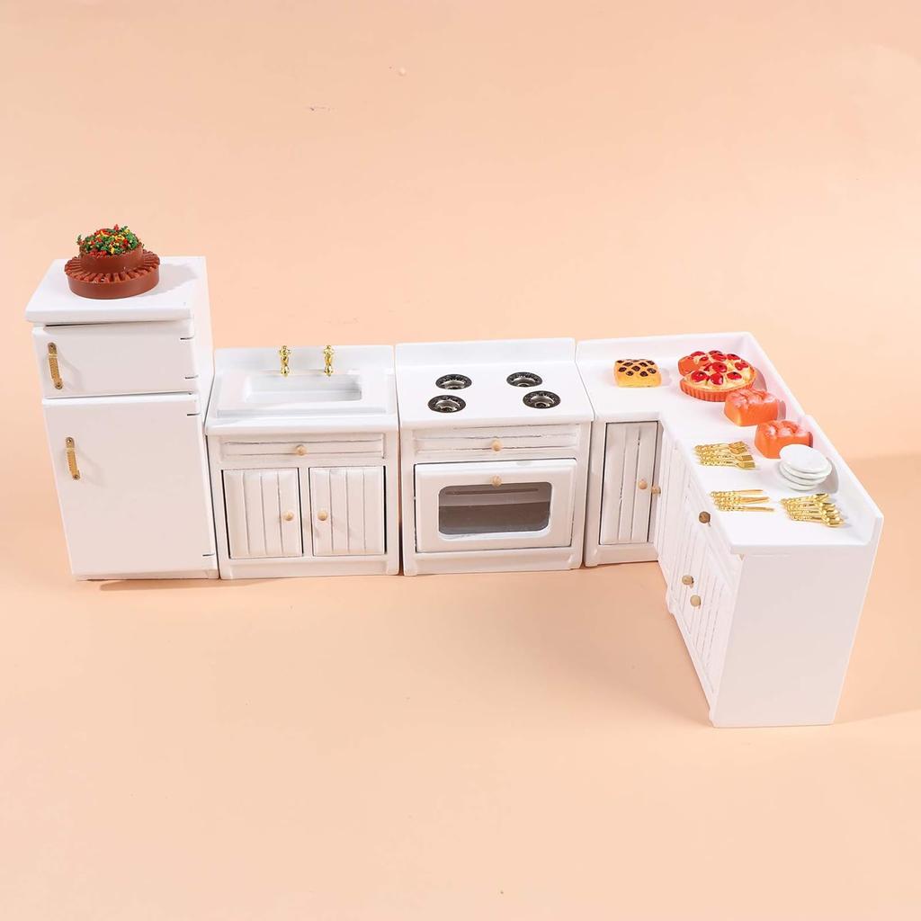 Dollhouse Kitchen Furniture Kit 1:12 Dollhouse Miniature Furniture Wooden Kitchen Cabinet Fridge Set Kitchen Dining Room Furniture for 1:12 Dollhouse