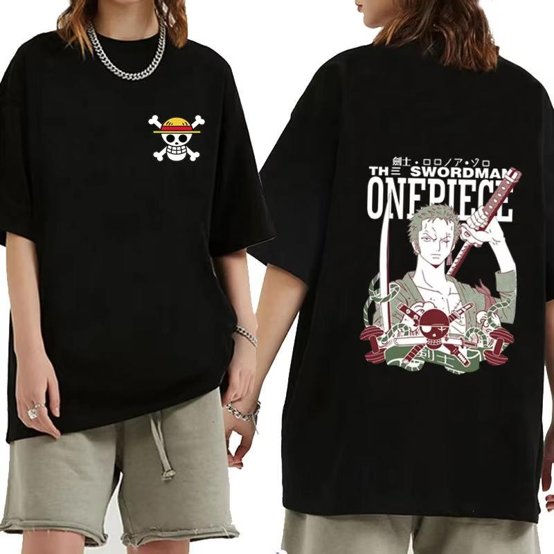 2026 One Piece 2026 Unisex Black T Shirt Front Chibi Luffy Skull Comfortable summer loose Unisexs Tshirt