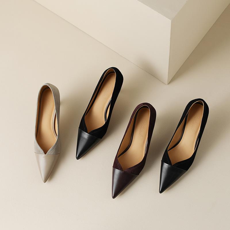 Escarpins à bout en V, talons fins, talons aiguilles pointus, tempérament français, patchwork élégant, escarpins à bout léger, chaussures simples