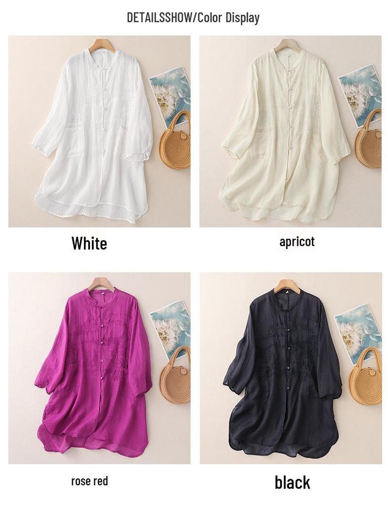 3229 Women's Cotton Linen Embroidered Oversized Sun Protection Shirt - Lightweight & Breathable, Retro Seven-Sleeve Summer Style