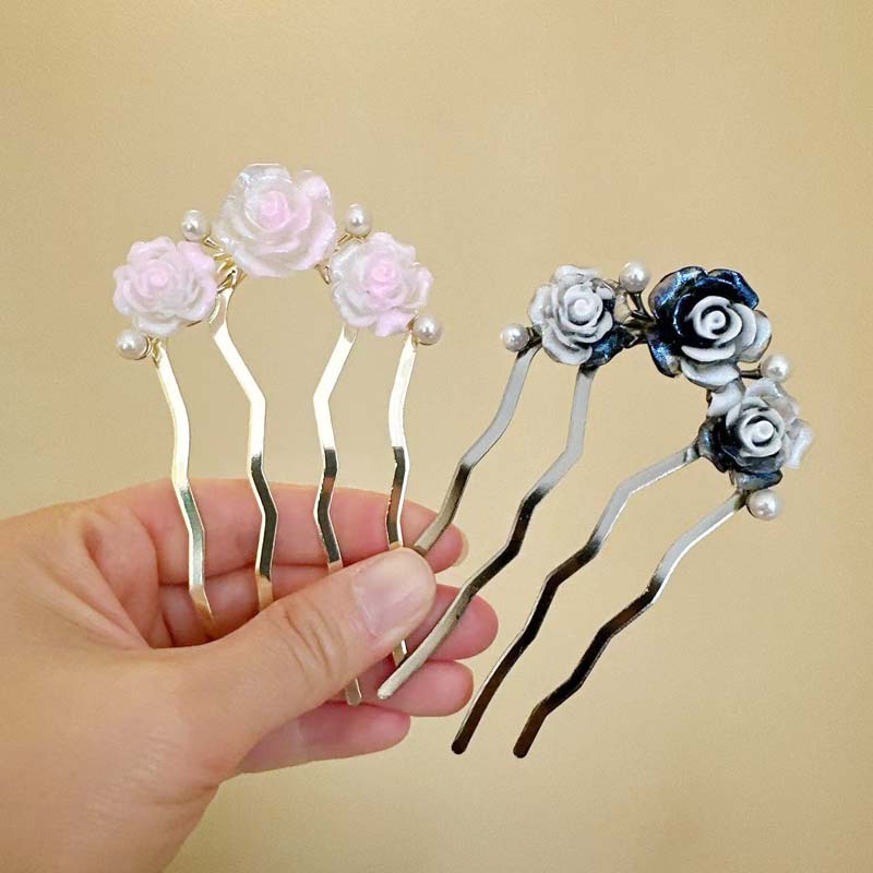 Vintage Red Velvet Rose Flower Hair Stick For Women Girls Elegant Metal U-shaped Hairpin Hanfu Headwear Hair Accessories