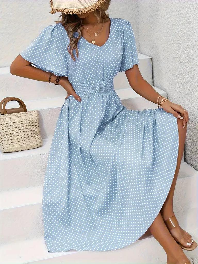 2026 European and American women's clothing spring and summer new express buy hot sale V-neck polka dot pullover casual dress