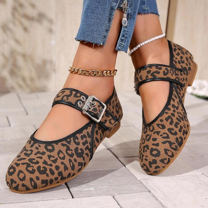 Women's Wide Width Leopard Loafers, Slip-On Mary Janes Flats, European Casual Shoes Wholesale