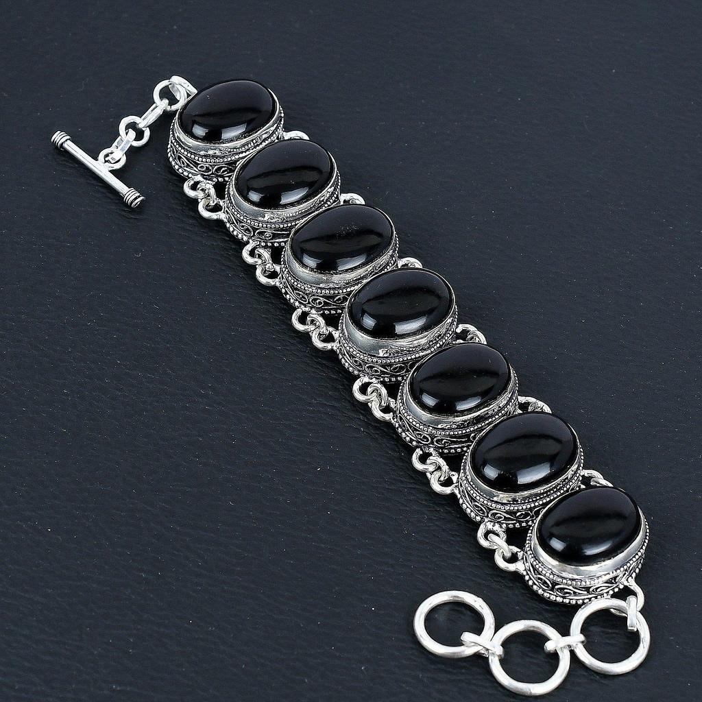 Naturlig Svart Onyks Edelsten Håndlaget 925 Sterlingsølv Smykker Halskjede Armbånd Sett, Antikk Smykkesett, Bryllupsgaver Armbånd Til Kone