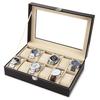 12 Fächer, Leder-Uhrenbox, Vitrine, Halter, schwarze Aufbewahrungsbox, Glas-Schmuck-Organizer für Männer und Frauen, tolles Geschenk