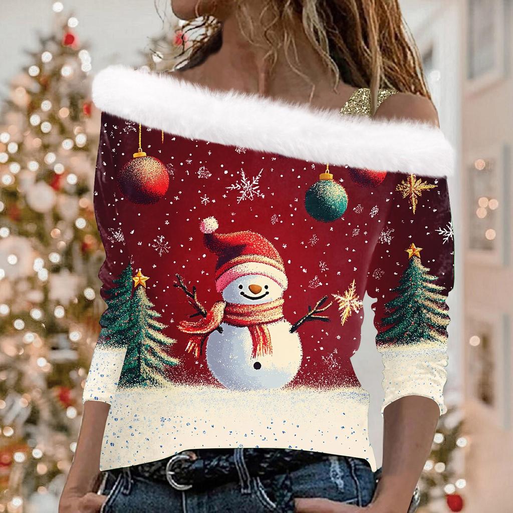 Kadın Günlük Uzun Kollu Omuzdan Askılı Noel Baskılı Peluş Moda Üst