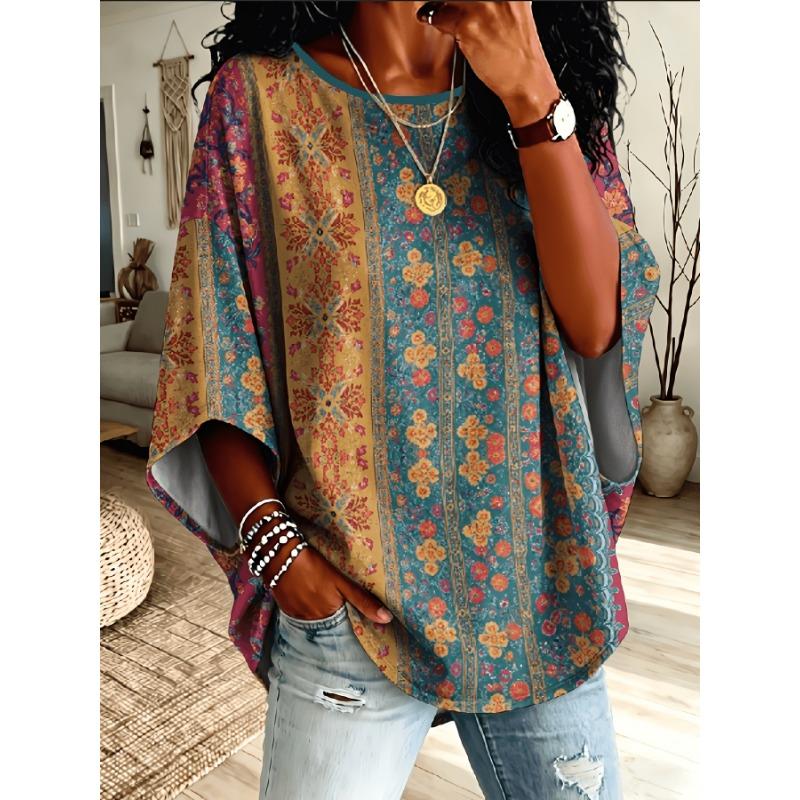 Bohemian Ethnic Style Vertical Stripe Retro Floral Print T-shirt