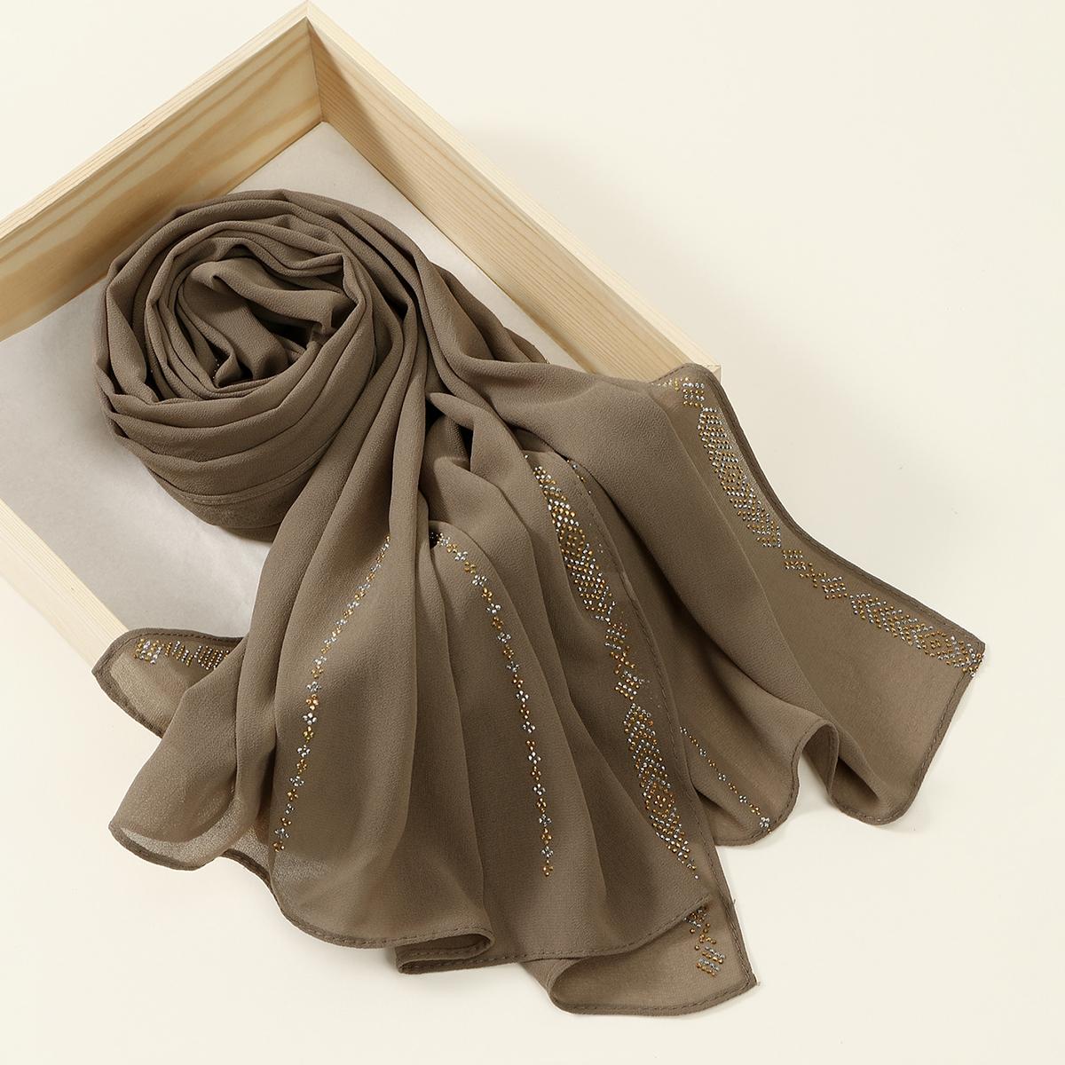 

New Rhinestone Chiffon Hijab Scarf Women Muslim Hijab Shawl Plain Soft Headband Fashion Solid Color Long Muffler Islam Turban