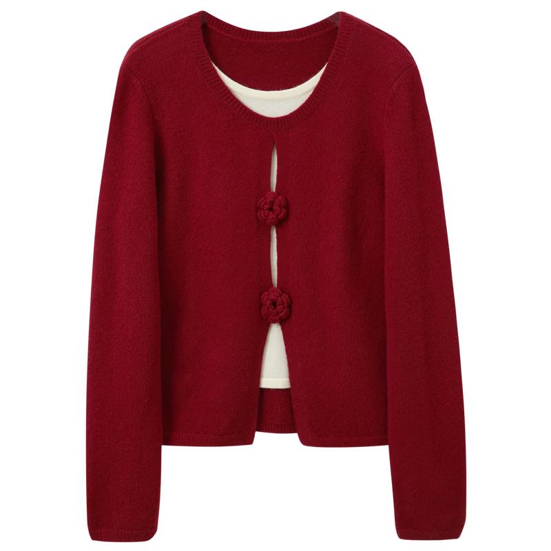 Sancai 2026 Spring Camellia Faux Layered Round Neck Knit Sweater M