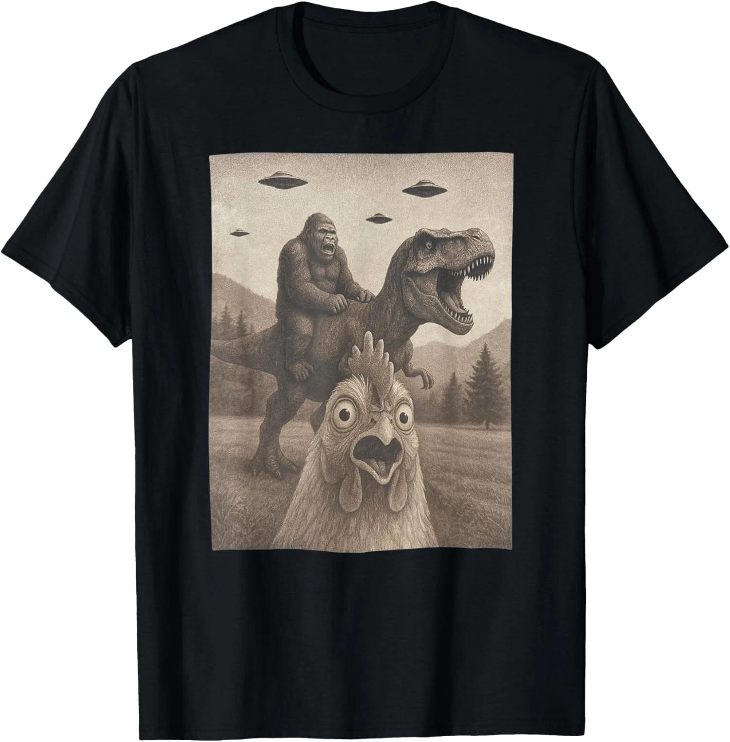 Funny Chicken, Chicken Selfie Bigfoot Riding T rex Fu Unisex T-Shirt S