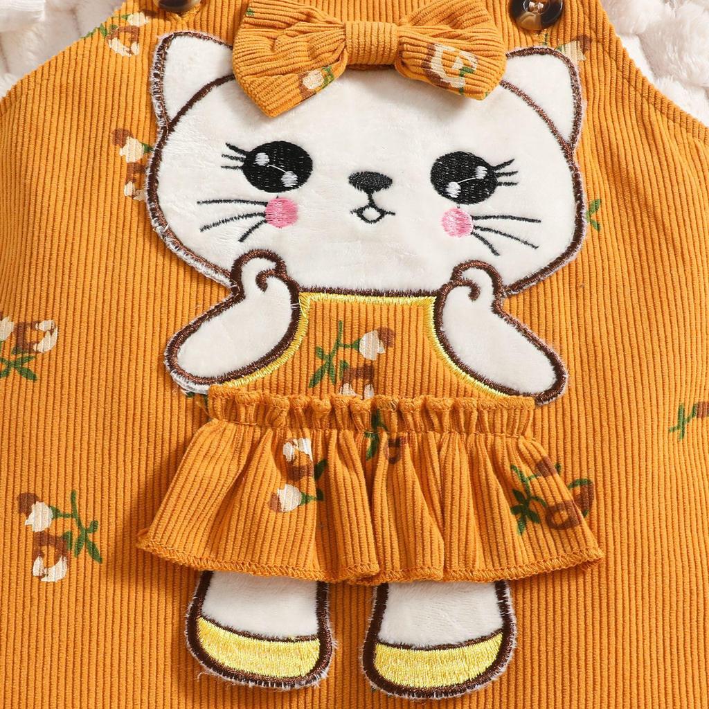 European & American Summer Baby Bodysuit + Cat Applique Floral Overalls & Headband Set