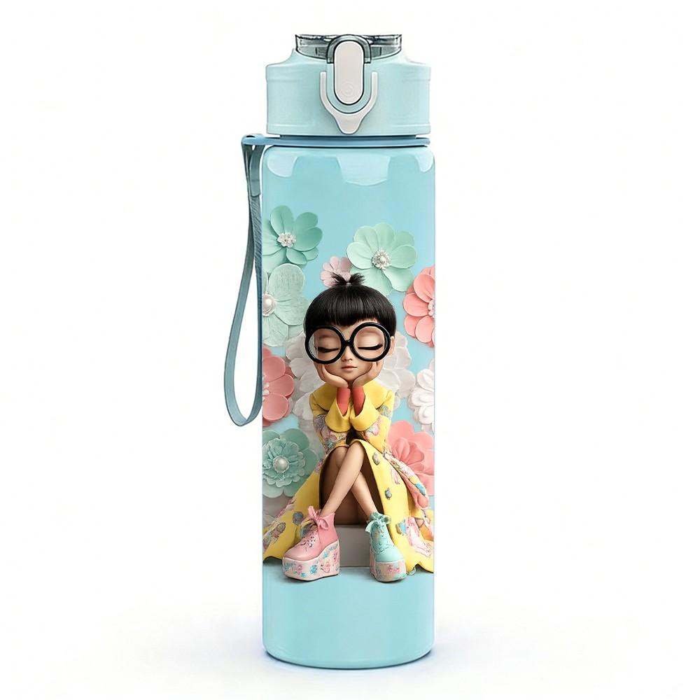 1PC Little Girl Prayer Floral Surround Print 750ml Color Plastic Sports Water Bottle Leakproof Flip Straw Lid Suitable for Sports Office Home Use